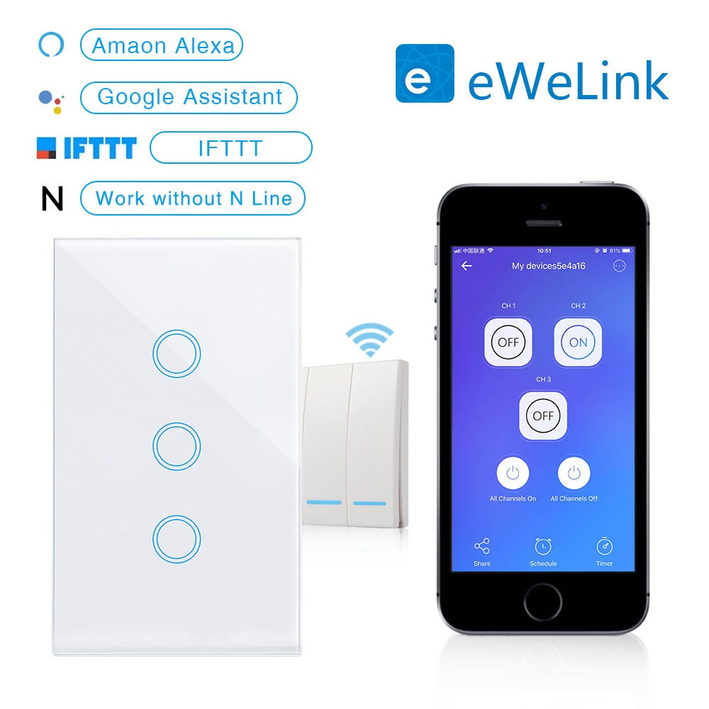Ewelink WiFi Smart Touch Switch-L-US - 4 Gang - Black (NO NEUTRAL REQUIRED) (EWelink APP)