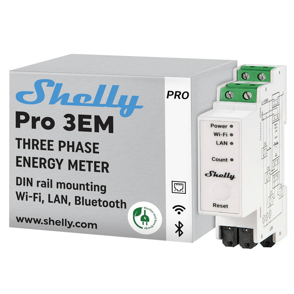 Shelly Pro 3EM 120A — 3-Phase DIN-Rail Energy Meter (3x 120A CTs)