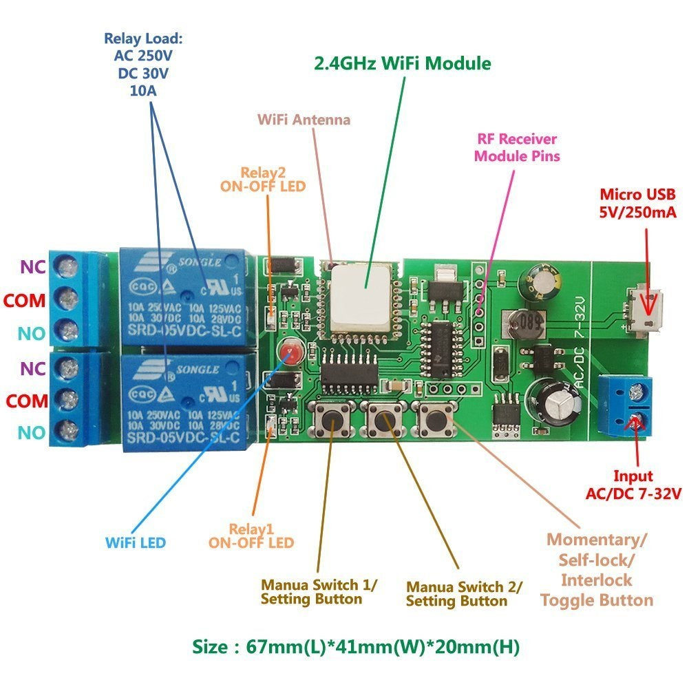 WiFi Inching Relay Momentary/Self-Locking/Interlock Switch Module (ST-DC2)